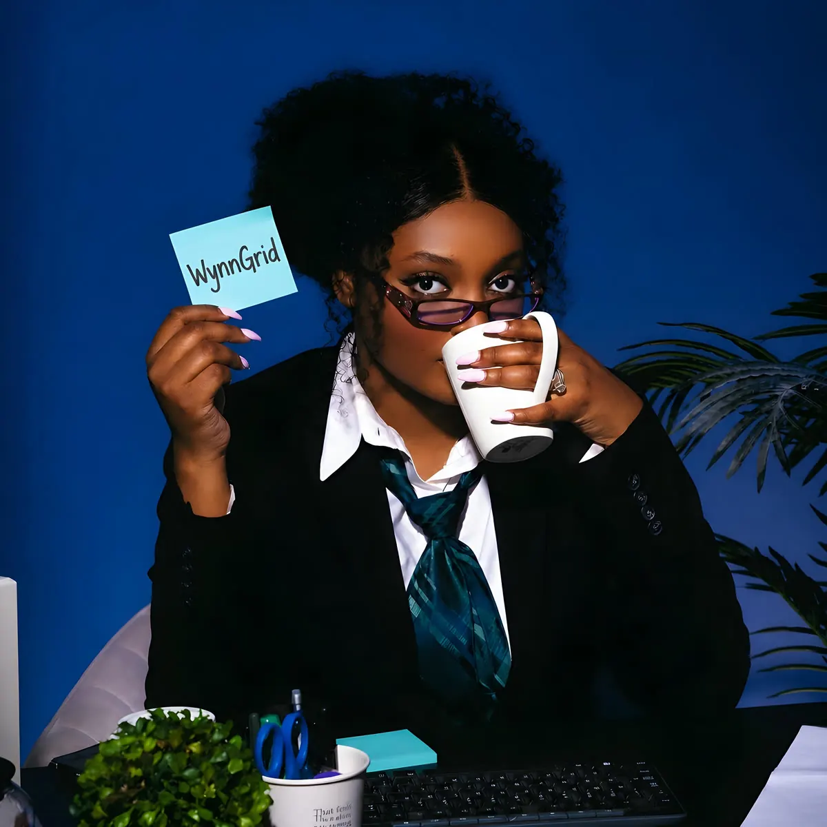 A Wynngrid operator at her desk, coffee in hand, holding a Wynngrid sticky note
