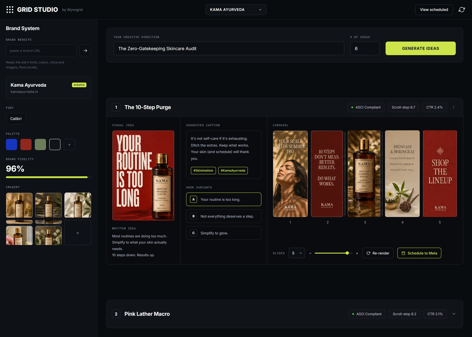 Marketing OS dashboard — Grid Studio: it reads a brand from its own website (96% fidelity) then, from one creative direction, generates on-brand campaign ideas scored for compliance, scroll-stop and CTR, with captions, hook variants and a five-slide carousel ready to schedule to Meta