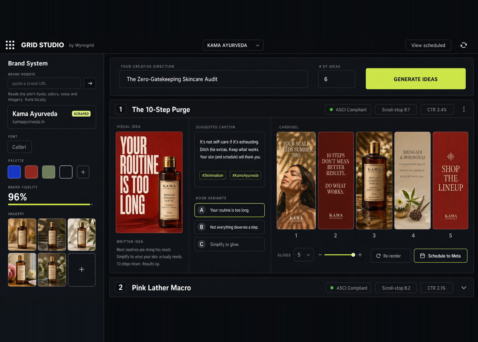 Marketing OS dashboard — Grid Studio: it reads a brand from its own website, then generates on-brand campaign ideas, captions, hook variants and a five-slide carousel ready to schedule to Meta, at 96% brand fidelity
